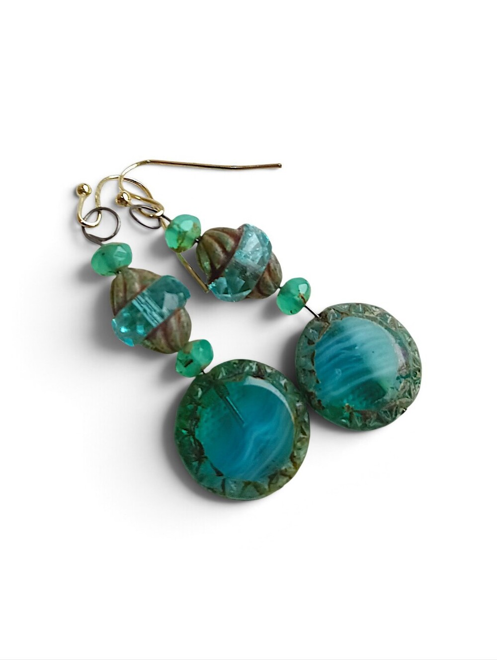 Handmade Turquoise Glass Disc Drop Earrings Artisan Vintage Style Marbled Etched